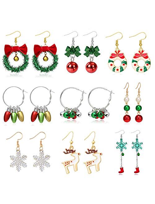 9 Pairs Christmas Earrings Dangle for Women Christmas Tree Bow Jingle Candy Earrings Xmas Earrings Gift for Girls