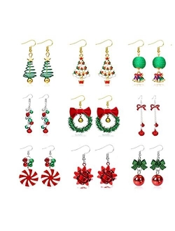 9 Pairs Christmas Earrings for Women Holiday Earrings for Girls Bow Tree Snowflake Earrings