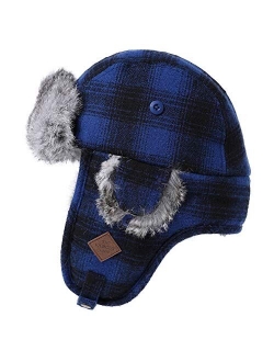 Jeff & Aimy Stylish Plaid Winter Wool Trapper Faux Fur Earflap Hunting Hat Ushanka Russian Cold Weather Thick Lined 55-61CM