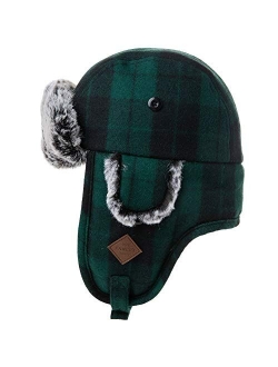 Jeff & Aimy Stylish Plaid Winter Wool Trapper Faux Fur Earflap Hunting Hat Ushanka Russian Cold Weather Thick Lined 55-61CM