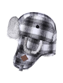 Jeff & Aimy Stylish Plaid Winter Wool Trapper Faux Fur Earflap Hunting Hat Ushanka Russian Cold Weather Thick Lined 55-61CM