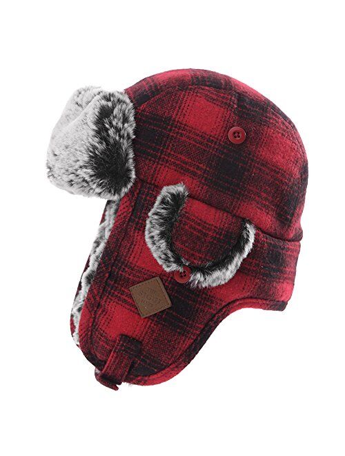 Jeff & Aimy Stylish Plaid Winter Wool Trapper Faux Fur Earflap Hunting Hat Ushanka Russian Cold Weather Thick Lined 55-61CM