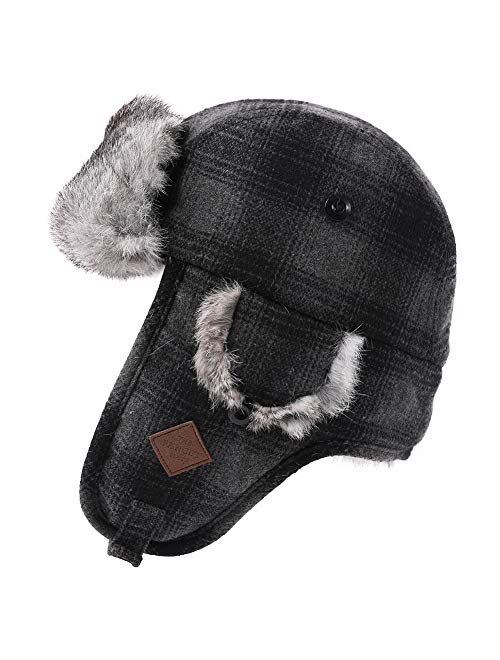 Jeff & Aimy Stylish Plaid Winter Wool Trapper Faux Fur Earflap Hunting Hat Ushanka Russian Cold Weather Thick Lined 55-61CM