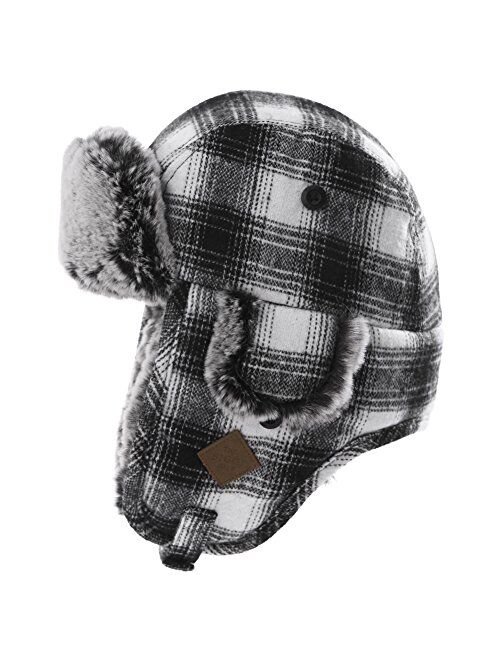 Jeff & Aimy Stylish Plaid Winter Wool Trapper Faux Fur Earflap Hunting Hat Ushanka Russian Cold Weather Thick Lined 55-61CM