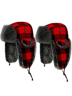 2 Pieces Christmas Ushanka Trooper Hat Unisex Plaid Winter Earflap with Windproof Chin Strap for Men Women