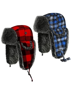 2 Pieces Christmas Ushanka Trooper Hat Unisex Plaid Winter Earflap with Windproof Chin Strap for Men Women