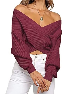 BTFBM Women Casual V Neck Long Sleeve Sweaters Cross Wrap Front Off Shoulder Asymmetric Hem Knitted Crop Solid Pullover