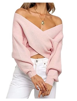 BTFBM Women Casual V Neck Long Sleeve Sweaters Cross Wrap Front Off Shoulder Asymmetric Hem Knitted Crop Solid Pullover