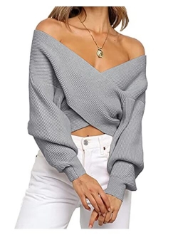 BTFBM Women Casual V Neck Long Sleeve Sweaters Cross Wrap Front Off Shoulder Asymmetric Hem Knitted Crop Solid Pullover