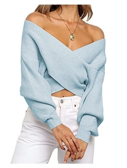 BTFBM Women Casual V Neck Long Sleeve Sweaters Cross Wrap Front Off Shoulder Asymmetric Hem Knitted Crop Solid Pullover