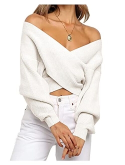 BTFBM Women Casual V Neck Long Sleeve Sweaters Cross Wrap Front Off Shoulder Asymmetric Hem Knitted Crop Solid Pullover