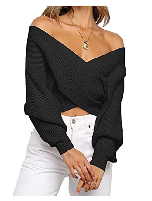 BTFBM Women Casual V Neck Long Sleeve Sweaters Cross Wrap Front Off Shoulder Asymmetric Hem Knitted Crop Solid Pullover