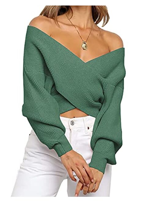 BTFBM Women Casual V Neck Long Sleeve Sweaters Cross Wrap Front Off Shoulder Asymmetric Hem Knitted Crop Solid Pullover