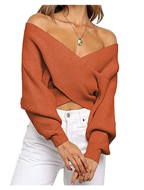 BTFBM Women Casual V Neck Long Sleeve Sweaters Cross Wrap Front Off Shoulder Asymmetric Hem Knitted Crop Solid Pullover