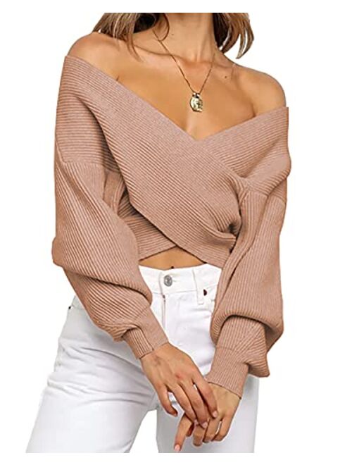 BTFBM Women Casual V Neck Long Sleeve Sweaters Cross Wrap Front Off Shoulder Asymmetric Hem Knitted Crop Solid Pullover