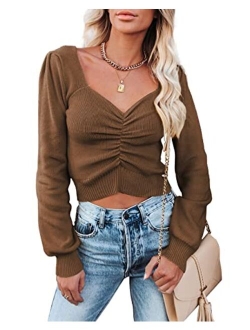 Womens Chic V Neck Long Sleeve Knit Ruched Tops Ribbed Off Shoulder Crop Pullover Sweater