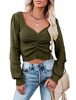 Womens Chic V Neck Long Sleeve Knit Ruched Tops Ribbed Off Shoulder Crop Pullover Sweater