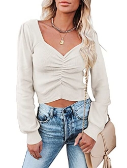 Womens Chic V Neck Long Sleeve Knit Ruched Tops Ribbed Off Shoulder Crop Pullover Sweater