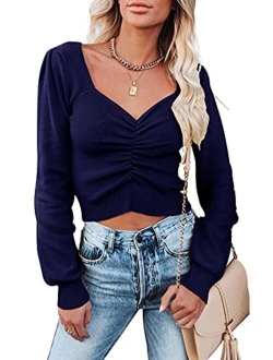 Womens Chic V Neck Long Sleeve Knit Ruched Tops Ribbed Off Shoulder Crop Pullover Sweater