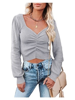 Womens Chic V Neck Long Sleeve Knit Ruched Tops Ribbed Off Shoulder Crop Pullover Sweater