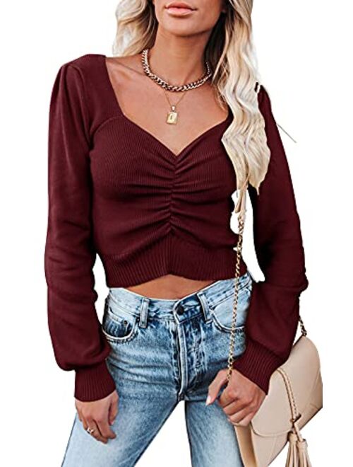 PRETTYGARDEN Women’s Chic V Neck Long Sleeve Knit Ruched Tops Ribbed Off Shoulder Crop Pullover Sweater