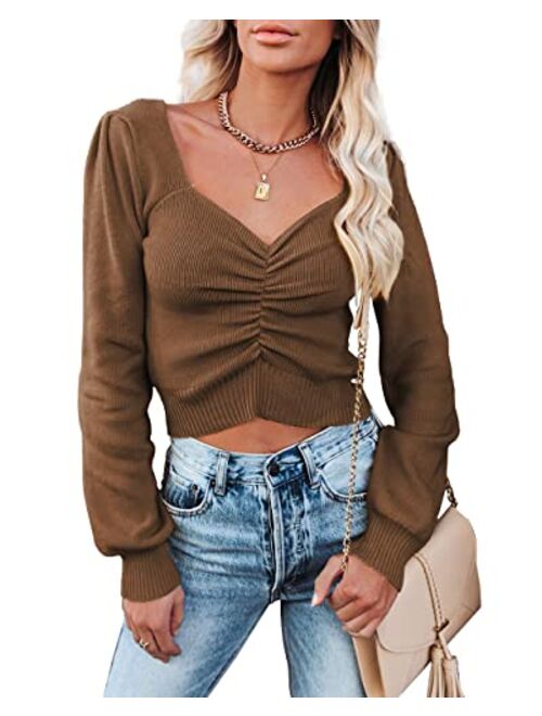 PRETTYGARDEN Women’s Chic V Neck Long Sleeve Knit Ruched Tops Ribbed Off Shoulder Crop Pullover Sweater