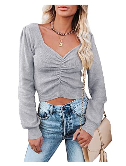 PRETTYGARDEN Women’s Chic V Neck Long Sleeve Knit Ruched Tops Ribbed Off Shoulder Crop Pullover Sweater