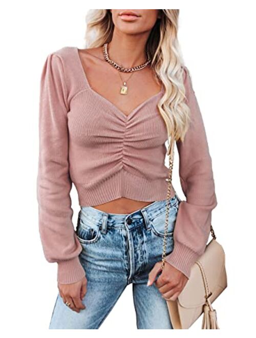 PRETTYGARDEN Women’s Chic V Neck Long Sleeve Knit Ruched Tops Ribbed Off Shoulder Crop Pullover Sweater