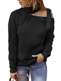Womens Long Sleeve Cold Shoulder Turtleneck Knit Sweater Tops Pullover Casual Loose Jumper Sweaters
