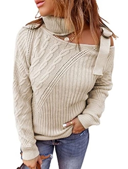 Womens Long Sleeve Cold Shoulder Turtleneck Knit Sweater Tops Pullover Casual Loose Jumper Sweaters