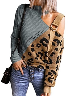 Womens Long Sleeve Cold Shoulder Turtleneck Knit Sweater Tops Pullover Casual Loose Jumper Sweaters