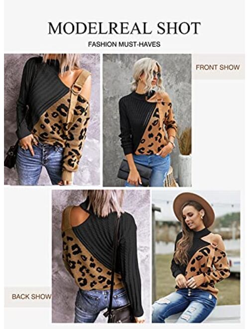 Asvivid Womens Long Sleeve Cold Shoulder Turtleneck Knit Sweater Tops Pullover Casual Loose Jumper Sweaters