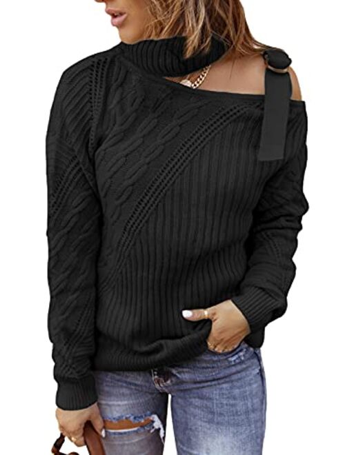 Asvivid Womens Long Sleeve Cold Shoulder Turtleneck Knit Sweater Tops Pullover Casual Loose Jumper Sweaters