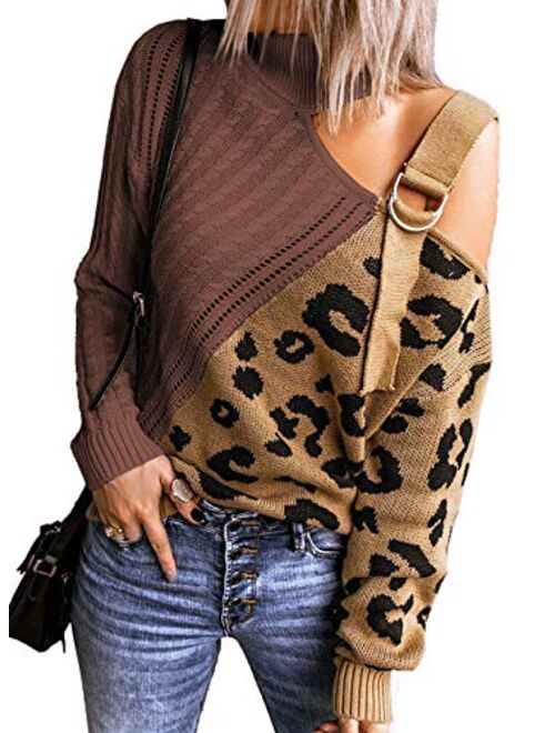 Asvivid Womens Long Sleeve Cold Shoulder Turtleneck Knit Sweater Tops Pullover Casual Loose Jumper Sweaters