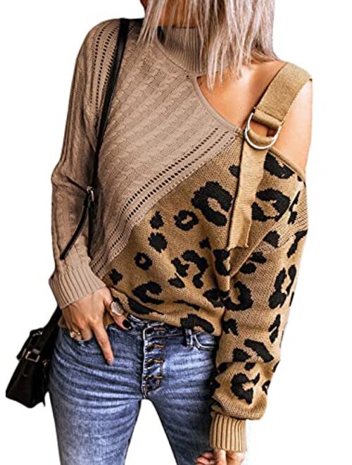 Asvivid Womens Long Sleeve Cold Shoulder Turtleneck Knit Sweater Tops Pullover Casual Loose Jumper Sweaters