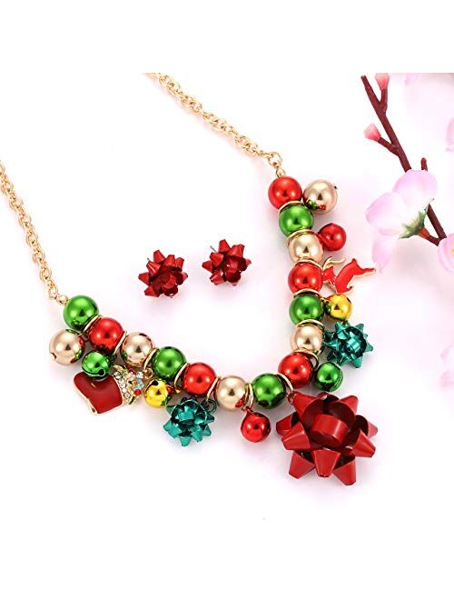 Christmas Necklace Earrings Set Statement Xmas Charm Jingle Bell Chunky Collar Gift Bow Pendant Necklace Stud Earrings Set (gift bow)