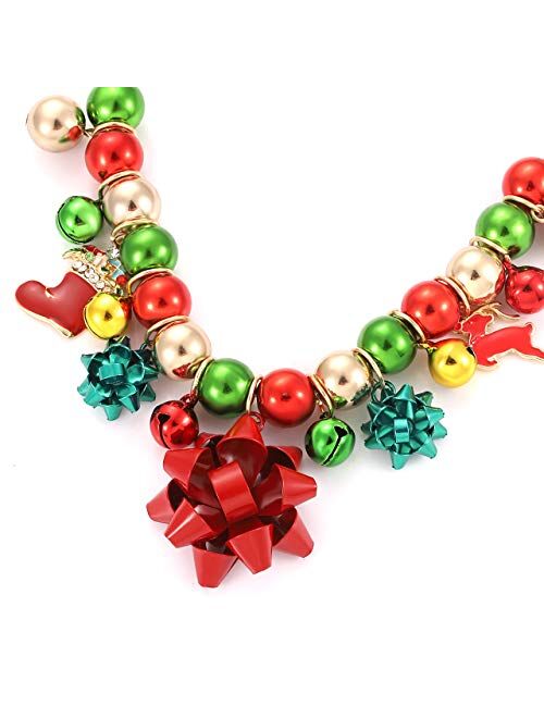 Christmas Necklace Earrings Set Statement Xmas Charm Jingle Bell Chunky Collar Gift Bow Pendant Necklace Stud Earrings Set (gift bow)