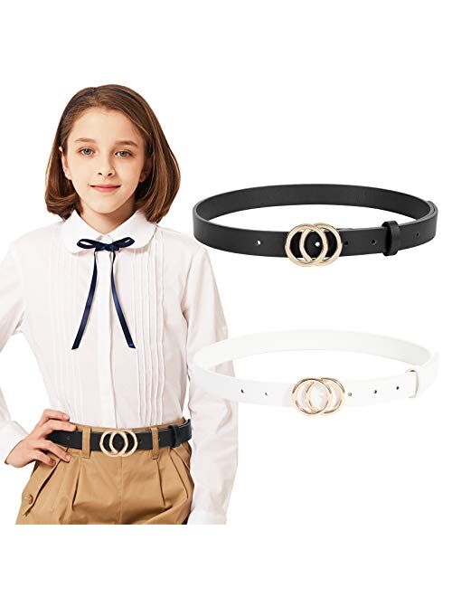 2 Pack kids Leather Belts,SANSTHS Faux Leather Jeans Belt for Girls with Double O-Ring Buckle for teen