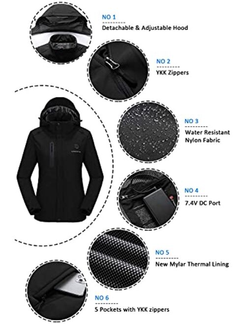 Venustas Women's Heated Jacket with Battery Pack 7.4V, Windproof Electric Insulated Coat with Detachable Hood Slim Fit