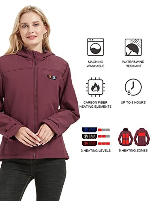 PTAHDUS Women's Heated Jacket Soft Shell with Hand Warmer, with 7.4V Battery Pack