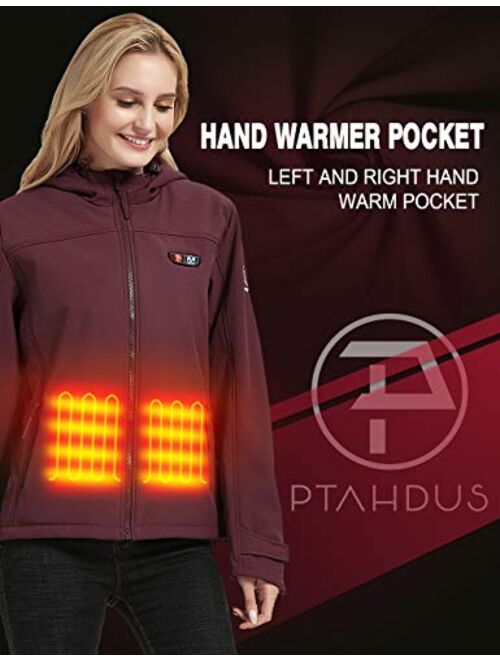 PTAHDUS Women's Heated Jacket Soft Shell with Hand Warmer, with 7.4V Battery Pack