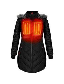 ActionHeat 5V Battery Heated Long Puffer Jacket for Women w/Faux-Fur Hood, Tri-Zone Heating, Touch Control, Power Bank