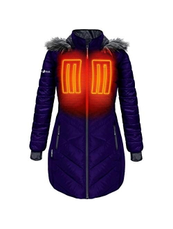 ActionHeat 5V Battery Heated Long Puffer Jacket for Women w/Faux-Fur Hood, Tri-Zone Heating, Touch Control, Power Bank