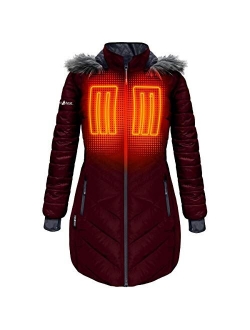 ActionHeat 5V Battery Heated Long Puffer Jacket for Women w/Faux-Fur Hood, Tri-Zone Heating, Touch Control, Power Bank