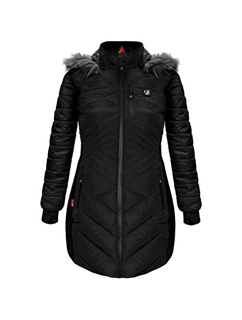 ActionHeat 5V Battery Heated Long Puffer Jacket for Women w/Faux-Fur Hood, Tri-Zone Heating, Touch Control, Power Bank