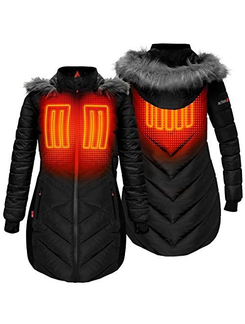 ActionHeat 5V Battery Heated Long Puffer Jacket for Women w/Faux-Fur Hood, Tri-Zone Heating, Touch Control, Power Bank