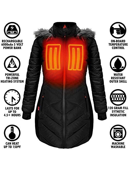 ActionHeat 5V Battery Heated Long Puffer Jacket for Women w/Faux-Fur Hood, Tri-Zone Heating, Touch Control, Power Bank