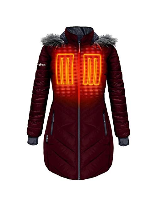 ActionHeat 5V Battery Heated Long Puffer Jacket for Women w/Faux-Fur Hood, Tri-Zone Heating, Touch Control, Power Bank