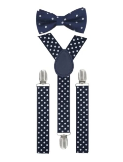 Trilece Kids Suspenders and Bow Tie Set for Boys Girls and Toddlers - Adjustable Elastic 1 inch Wide Y Shape Strong Clips