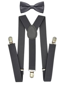 Trilece Kids Suspenders and Bow Tie Set for Boys Girls and Toddlers - Adjustable Elastic 1 inch Wide Y Shape Strong Clips